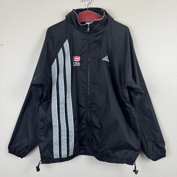 Vintage Adidas USA Boxing Zip Up Windbreaker Jacket Hooded Black Silver Medium - Picture 1 of 16